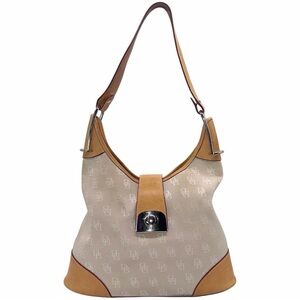 Vintage Dooney & Bourke Crescent Taupe White Canvas Natural Leather Shoulder Bag